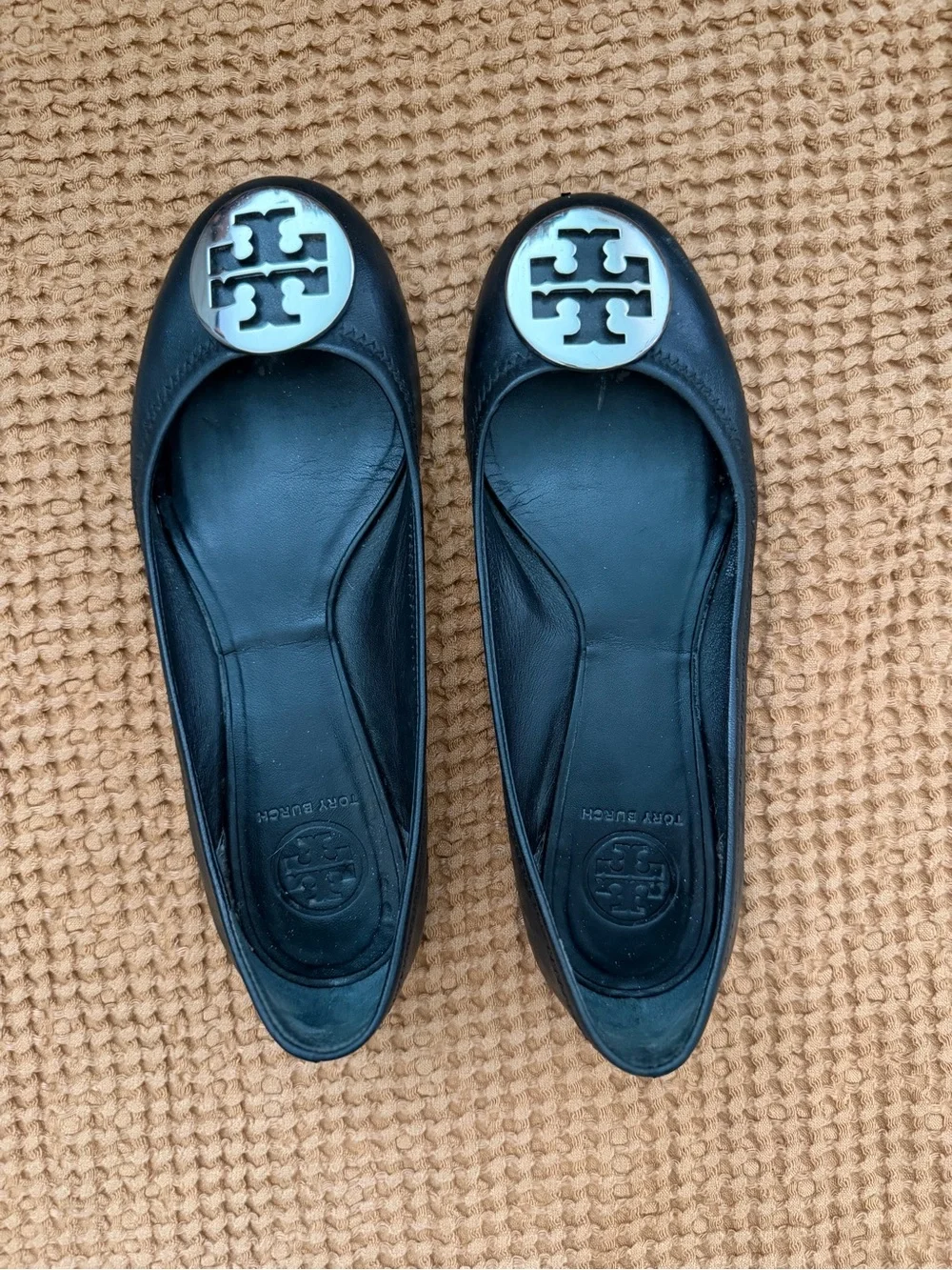 Tory Burch Black Leather Logo Medallion Ballet Flats